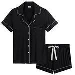 Cherrydew Women Button Down Pajamas Shorts Set Super Soft Comfy Cooling Bamboo Viscose Loungewear Short Sleeve Sleep Set (Black, S)