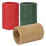 3 Rolls 300m Raffia Ribbon, Natural Matte Raffia Ribbon Paper String for Gift Wrapping, Crafting, Wedding Bouquet Packing and Crocheting (Red Green Brown)