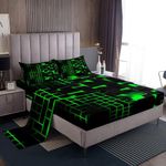 Castle Fairy Green and Black Fitted Sheet Set Queen Size 3 Pcs,Light Geometric Checker Bed Sheet Set for Bedroom Decor,Geometry Decor Modern Style Bedding Set with 1 Flat Sheet 2 Pillowcases