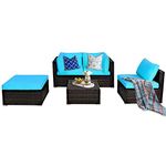 DORTALA 5 Pieces Patio Rattan Furniture Sets, Sectional Sofa Conversation Set Wicker Combination Furniture w/ Steel Frame, Modern Wicker Sofa Ottoman Table for Garden Lawn Balcony Backyard, Rattan Bistro Furniture w/ Sponge Cushion, Turquoise