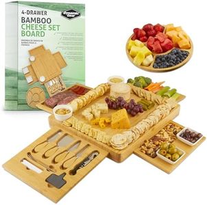 Charcuterie Board Gift Set, Expandable Bamboo Cheese Board w/Stainless Steel Serving Utensils, Ceramic Bowls, Appetizer/Serving/Utensil Trays, Bottle Opener - Wedding & Housewarming Gifts - 4 Drawers