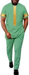 African Suits for Men Embroidery Short Sleeve Shirts and Pants 2 Piece Set Plus Size Casual Tracksuit, Light Green, Medium