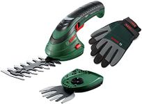 Bosch Cordless Edging Shear Set Isio (3.6 V, Blade Length: 12 cm, Tooth spacing: 8 mm, with XL Gardening Gloves Included, in Soft Bag Packaging) – Amazon Edition