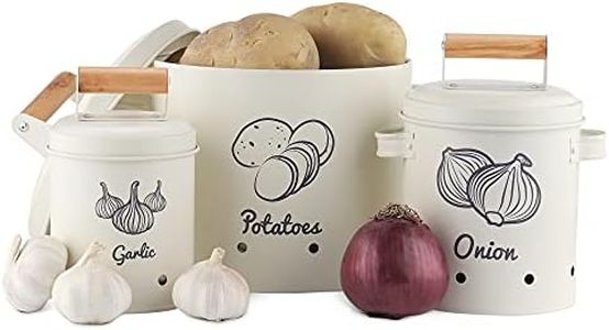 Navaris Botes de cocina para alimentos - 3x Bote con tapa para almacenaje de ajos cebollas patatas - Recipientes vintage - Tarros ventilados de metal