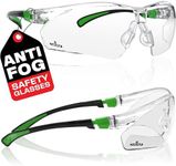 NoCry Safety Glasses with Clear Anti Fog Scratch Resistant Wrap-Around Lenses and No-Slip Grips, UV Protection. Adjustable, Black & Green Frames (10 pack)
