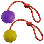 2 Pcs Dog Toy Ball with Rope Handle，Dog Training Ball on Rope Toy ，Hollow Rubber Ball for Fetch, Catch, Throw and Tug of War，Not Suitable for Strong Chewing Power Dog (Purple+Yellow, 7cm)