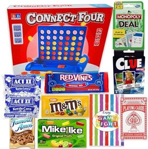 Game Night Gift Baskets for Family, Kids, Teens & Adults | Playing Cards & Classic Games 4 in a Row, Snacks & Candy Gift Box for Teenage Birthday | Great Family Games & Movie Night