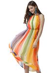 StyleStone Women's Chiffon Tie up Rainbow Print Maxi Dress