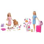 Barbie Doll and Newborn Pups Playset with Dog, 3 Puppies & Accessories, 3 to 7 Year Olds , Black & Travel Doll - Blonde Doll with Puppy & Opening Pink Suitcase - Gift 3+, FWV25