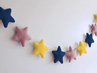 Peach Cuddle Velvet Fabric Star Bunting For Kids Room (Pack Of 1, 12 Star, Blue Yellow Purple) Nursery Decorations, Wall Decoration, Star Bunting, Fabric Bunting Garland, Star Garland, 99 CM