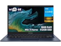 ASUS Vivobook 14" Laptop for Buisiness and Students, Intel Core i3-1315U, 16GB RAM, 512GB SSD, NumberPad, Wi-Fi 6E, Quiet Blue, Windows 11 S Mode