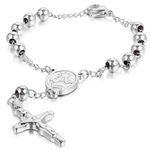 JewelryWe Men Women's Stainless Steel Religious Catholic Rosary Beads Chain Bracelet with Crucifix Cross and Medal, Silver