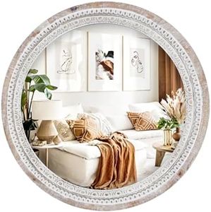 SAMGUYUE 24" Round Decorative Wall Mirror Farmhouse Circle Mirror with White Wash Beads, Wooden Frame Rustic Distressed Design for Bedroom, Bathroom, Living Room, Entryway Decor