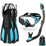 Odoland 4 in 1 Snorkel Set, Snorkeling Packages with Dry Top Diving Mask, Adjustable Swim Fins, Mesh Bag, Anti-Fog Anti-Leak Snorkeling Gear for Men Women,Sky Blue/Black,L/XL