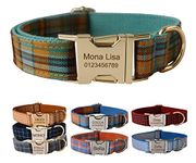 Personalised Dog Collar with Metal Buckle, Customized Pet Collars with Name Phone Number Address Engraved, Plaid