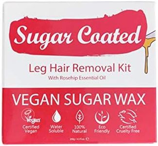 Sugar Coated Organic Leg Hair Removal Sugar Wax Kit, Gentle Waxing Kit with Strips & Rosehip Oil to Moisturise, At-Home Soft Wax for Sensitive Skin, Non-Damaging Hair Removal, 200g
