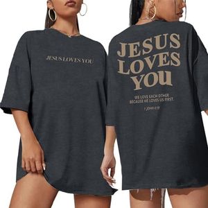 Christian Oversized T-Shirt for Women Jesus Loves You Shirts Jesus Faith Shirt Blessed You Oversized Tees Top, Dark Grey, Small