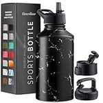 FineDine Water Bottle - Stainless Steel Insulated Water Bottle with Straw Lid, Flip Lid & Wide-Mouth Cap - Keeps Hot and Cold - 64 Oz / 1.89L - Inky Raven Black