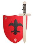 GERILEO Handmade Wooden Knight Sword and Shield - Toy for Kids, Boys and Girls - Complement for Games, Imitation Games, Costume, Medieval, Warrior, Theme Party, Middle Ages (Red Shield XL)