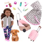 Our Generation – 18-inch Doll & Pet Bundle – Lifelike Brown Eyes & Wavy Brown Hair – Plush Pup, Carrier & Travel Accessories – Pretend Play – Toys for Kids Ages 3 Years & Up – Malia & Passenger Pets