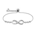 Tusuzik Double Heart 925 Sterling Silver White Gold Plated Bracelet Cubic Zirconia Paved Adjustable Infinity Bracelets,Anniversary Birthday Jewellery Gift for Women