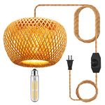 YIIZON Plug in Pendant Light Fixture with Hand Woven Bamboo Lamp Shade Dimmer Switch Hanging Lights with Plug in Cord Boho Wicker Rattan Hanging Lamp for Living Dinning Room Bedroom Kitchen Island