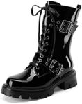 Perisis Women's Leather Platform Lug Sole Low Chunky Heel Combat Boots Lace Up Buckles Zipper Fashion Ankle Booties, Black Leather, 6.5