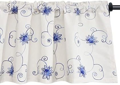 VOGOL Flower Embroidered Kitchen Curtains Valance, Light Filtering Decorative Valance for Bathroom, Short Rod Pocket Drapes for Living Room, W42 x L18 Inch, 1 Panel, Blue