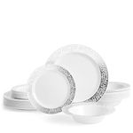 MATANA 150 Pcs White Plastic Tableware Set with Silver Lace Border - 50 Dinner Plates, 50 Side Plates, 50 Bowls - Elegant & Reusable Dinnerware for Parties, Wedding, Birthday, Picnic