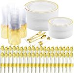 Prestee 350-Piece Engagement Party Decorations Disposable Dinnerware Set for 50 Guests - Fancy Plastic Dinnerware Sets with Plates, Cups, Forks, Knives, Spoons - White and Gold Dinnerware Set