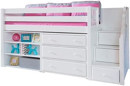 Maxtrix Solid Hardwood Twin-Size Low Loft Bed with Storage Staircase Entry, Bookshelf and 3 Drawer Dresser, White