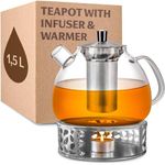 Teapot with Infuser and Warmer - 1.5 Litres - Keeps Warm for a Long Time - Dishwasher Safe - Glass Tea Maker Large