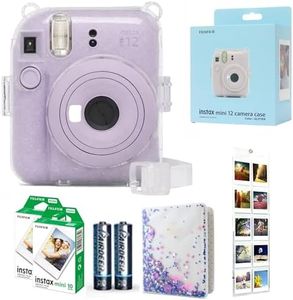 Fujifilm INSTAX Mini 12 Camera Lilac Purple id Bundle – Includes Mini 12 Purple Camera, 20-Shot INSTAX Mini Film, Clear Glitter Camera Case, Photo Album & Hanging Wall Photo Display