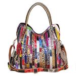 Women’s Multicolor Boston Bag Genuine Leather Colorful Large Tote Handbag Purse (Colorful-Big)