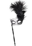 Coolwife Costume Feather Masquerade Mask Halloween Mardi Gras Cosplay Party Masque Masks (Stick B Silver Black)