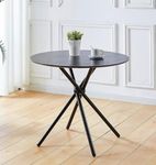 Hallowood Furniture Cullompton Small Round Dining Table with Wooden Effect Top and Black Metal Legs, Black Dining Table, Wooden Dining Table, Dining Table for Home and Cafe (90cm)