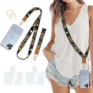 Piefly Phone Lanyard Crossbody Wrist Strap, Cute Mushroom Cell Phone Lanyards for Around the Neck Wristlet Shoulder, Adjustable Strap for Car Keys Keychain Wallet ID Badge Black