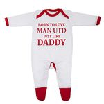 Born To Love Man Utd Just Like Daddy Baby Boy Girl Sleepsuit 100% Fine Combed Cotton (0-3 Months, White/Red Trim)