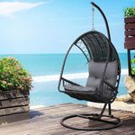 Gardeon Outdoor Egg Swing Chair, Rattan Garden Bench Hanging Seat, Patio Baconly Furniture Chairs, with Cushions Stand Wicker Basket Water Resistant 150kg Capacity Black