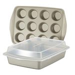 Rachael Ray Nonstick Bakeware Set Without Grips Includes Nonstick Baking Pan with Lid and Muffin Pan/Cupcake Pan - 3 Piece, Silver