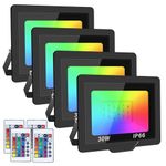 RIGIDON 4 Pack 30W LED Flood Light Outdoor, 16 Colour Changing IP66 Waterproof RGB Flood Lights with Remote Control for Garden, Yards, Stage, House Landscape Lighting