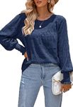 Ancapelion Women’s Long Sleeve Chiffon Blouse Round Neck Lantern Sleeve Ruffled Shirt Navy Blue Tops for Ladies Medium