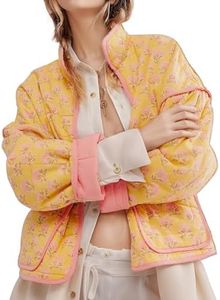 Yimoon Women's Cropped Puffer Quilted Jacket Vintage Floral Print Open Front Lightweight Short Jacket Outwear (YellowFloral-XS)