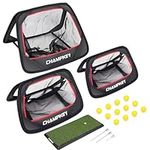 CHAMPKEY Premium Golf Chipping Net with Golf Hitting Mat | 3 Chipping Targets System for Improving Chipping Skills | Come with 12 Foam Practice Golf Balls (Fairway Mat with Net)