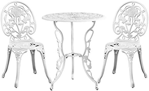 LI LIVSIP 3 Piece Patio Bistro Set - Outdoor Table and Chairs Set of 2 Cast Aluminum with Parasol Hole, Antique Furniture for Terrace Courtyard Garden, Rose Pattern White