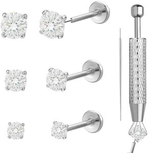 hooppoo 6Pcs Threadless Titanium Nose & Lip Studs | 20G Flat Back Push-in Labret Jewelry with 2/2.5/3mm Moissanite for Nostril, Tragus, Helix Piercing (Silver)