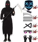 Jiodama Grim Reaper Halloween Costume for Kids with Glowing Red Eyes,Scythe,Gloves, and LED Mask Glow in the Dark for Kids Boys Girls