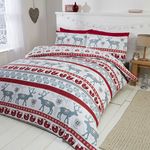 Scandi 100% Brushed Cotton Flannelette Quilt Duvet Cover and 2 Pillowcase Bedding Bed Set, Red/Multi-Colour, Double