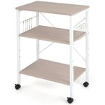 GiantexUK Kitchen Baker's Rack, 3 Tier Serving Cart Microwave Stand with Shelves, Lockable Wheels & 5/10 Hooks, Rolling Storage Trolley for Home Office Living Room(Natural, 2 Adjustable Shelves)