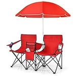 TANGZON Double Camping Chair, Portable Folding Loveseat Chair with Umbrella and Carry Bag, Outdoor Leisure Lover Chairs for Finishing, Picnic, Travel, Hiking, Beach and BBQ (Red)